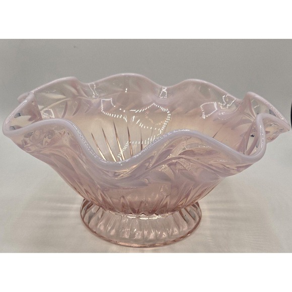 Fenton Glass PINK OPALESCENT Ruffled Open‎ Compote Bowl Leaf Pattern 11\